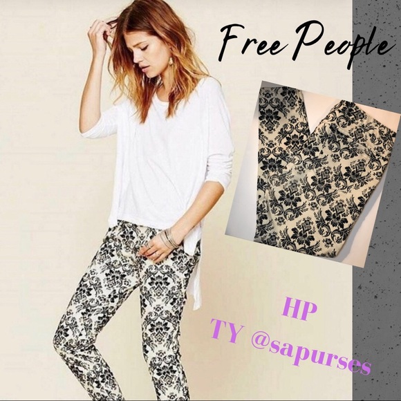 Free People Denim - ⬇️💲 White Cropped Black Brocade Print Jeans🖤🤍